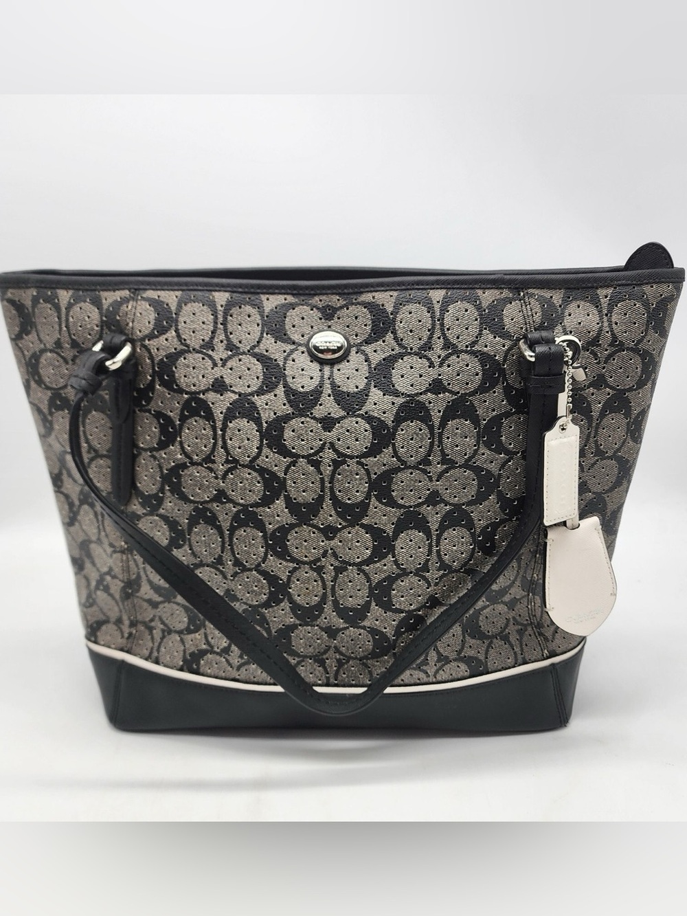 Coach Peyton black and grey perforated leather tote